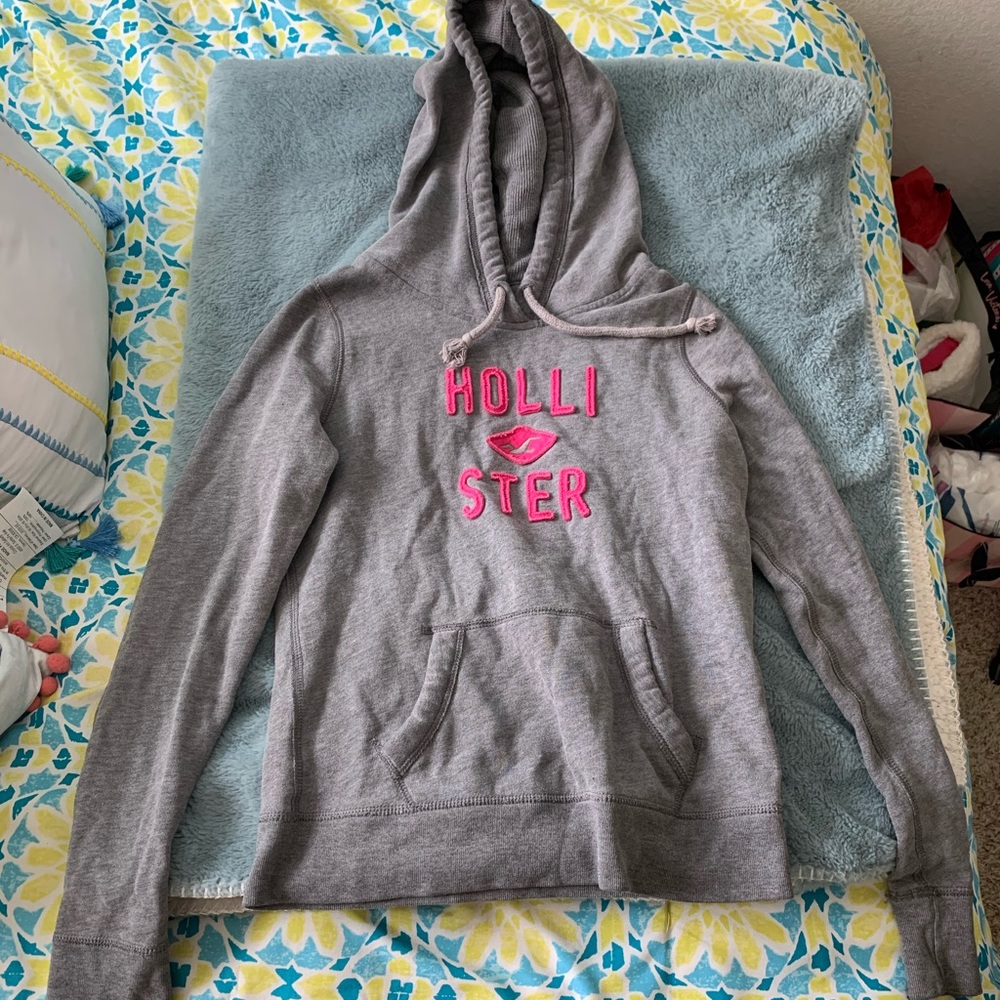 Hollister Gray and Pink Logo Hoodie